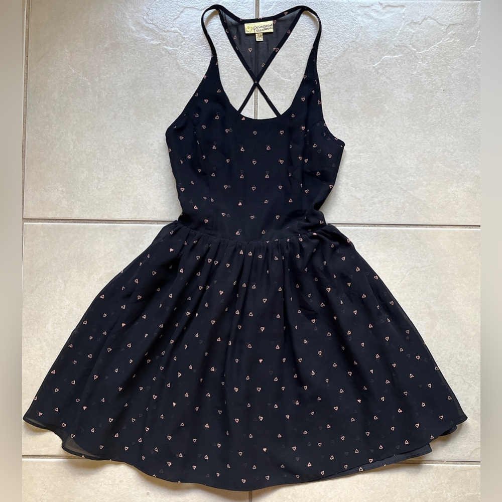 Princess By Vera Wang Women’s XS Black Cutout Backdress Pink Hearts Prints Lined